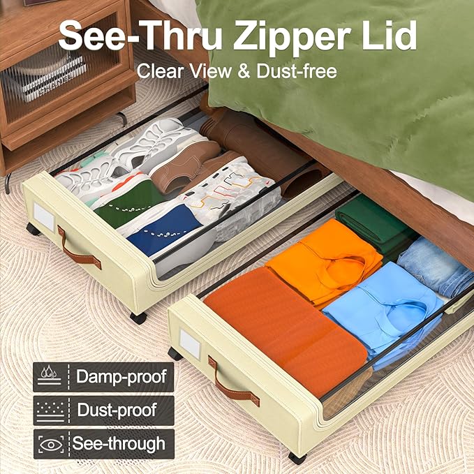 GoMaihe Under Bed Storage with Wheels: XXL Underbed Storage Containers with Lids - Rolling Bins for Shoes Clothes in Dorm Bedroom - Metal Drawers Easy Pull-out Beige 4-Pack