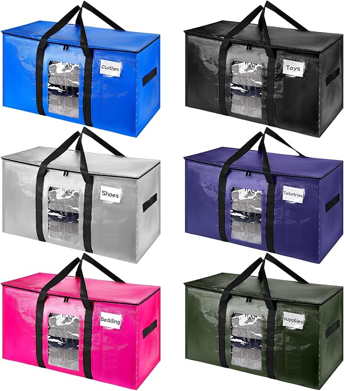 6 Pack Extra Large Moving Bags,Christmas Decoration Storage Bins,37Gallon Heavy Duty Storage Totes with Visible Window & Tag Pocket,Alternative to Moving Boxes,Dorm Room Essentials(Blue)