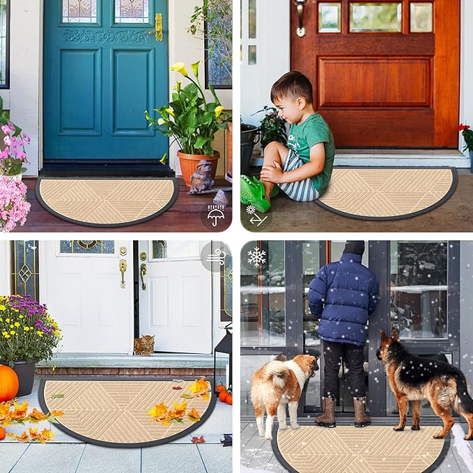 Smiry Half Circle Front Door Mat Outside Entrance, Heavy Duty Sturdy Natural Rubber Doormat, Trap Dirt and Moisture, Low Profile Mats for Indoor Outdoor Entry, Irregular Triangle (29.5x17, Beige)