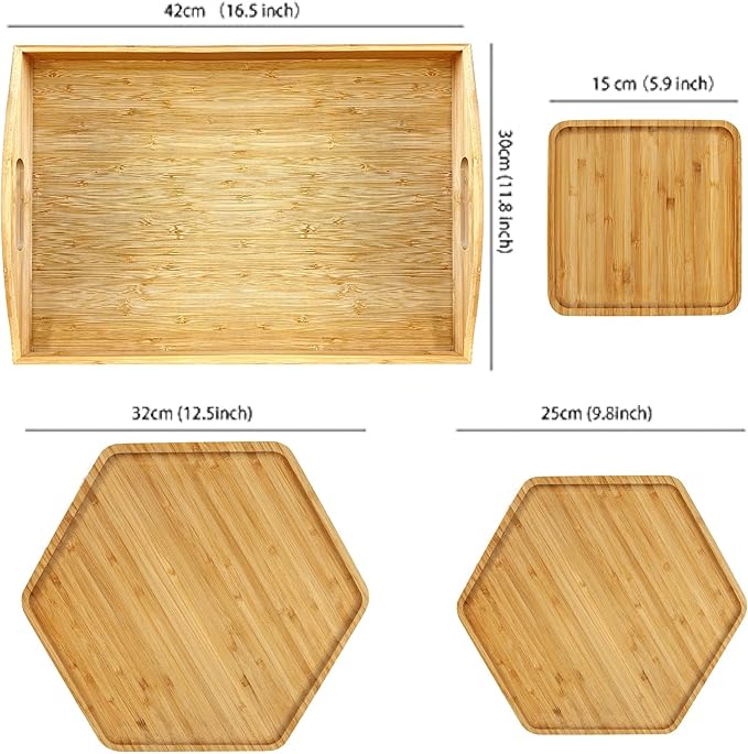 PAFREWOG Bamboo Serving Trays Dinner Plates Cheese Board 16.5"x11.8"（42x30cm with Handle, Set Includes 1xHexagon 12.5"(32cm)+1xHexagon 9.8"(25cm)+1xSquare 5.9"(15cm) Plates for Family Dinner