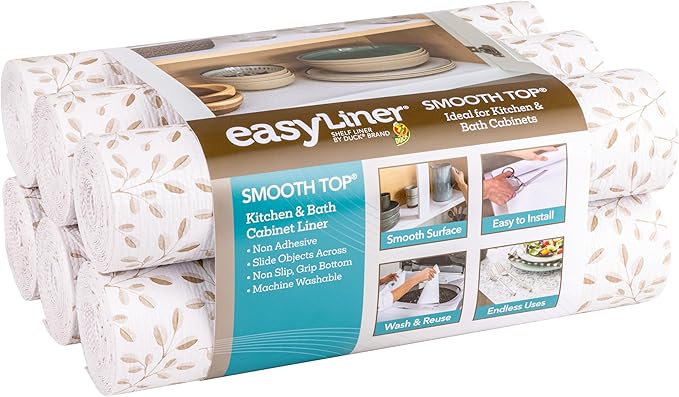Smooth Top EasyLiner for Cabinets & Drawers - Easy to Install & Cut to Fit - Shelf Paper & Drawer Liner Non Adhesive - Non Slip Shelf Liner - 20in. x 6ft. - 6 Roll Project Pack - Taupe Buds