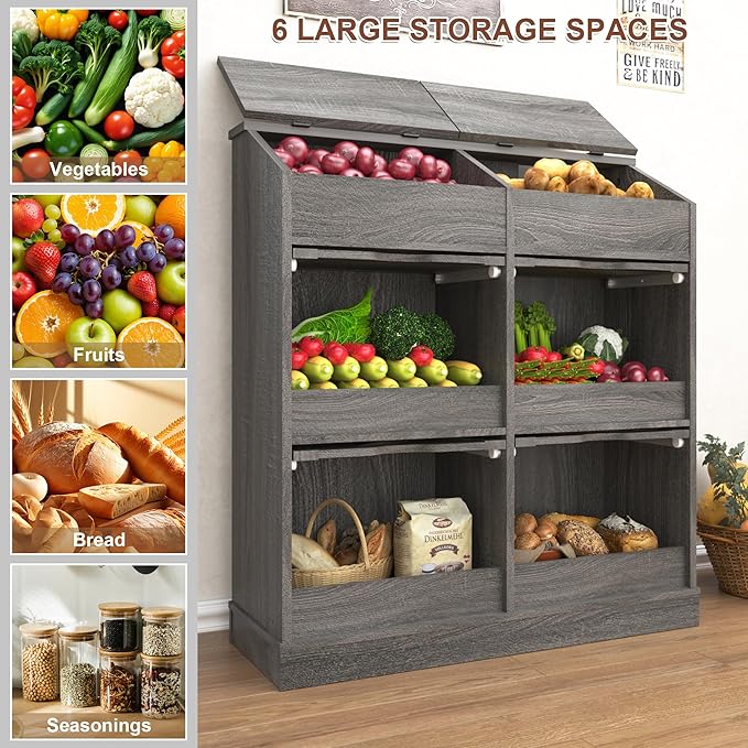 Potato Storage Bin Bread Box with Lid,Rustic Onion&Fruit Organizer with Wood Hidden Door,Farmhouse Grocery Section Decorative,Vegetable Organization Cabinet W/Mesh Door for Kitchen Dining Room(Grey)