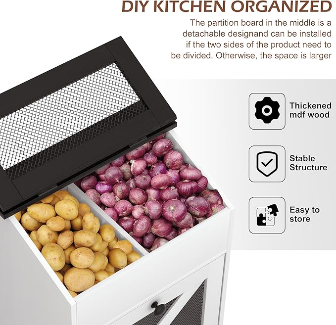 Wooden Potato and Onion Storage Bin w/Lid, Large Capacity and Ventilated Design, Ideal for Pantry, Kitchen White