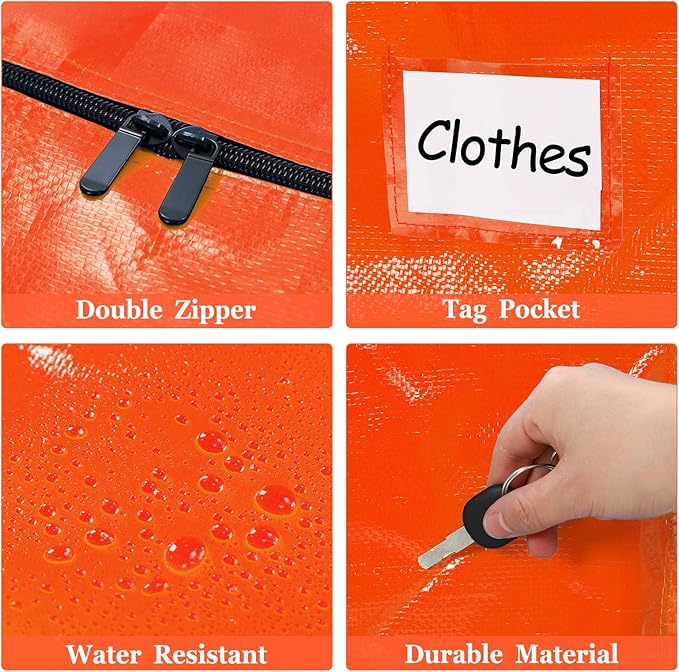4 Pcs 24 Gallon Extra Large Moving Bags Heavy Duty Storage Bag with Strong Zipper Handle Foldable XXL Jumbo Storage Tote Packing Moving Box for College Dorm Travel Cloth Duffle (Orange)