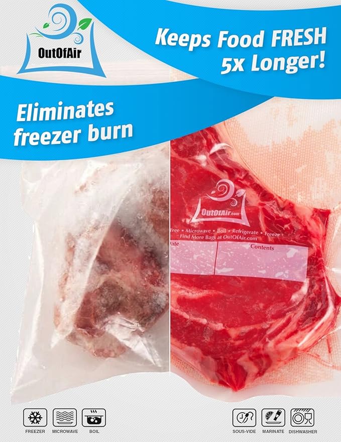 OutOfAir Vacuum Sealer Rolls - 11” x 25’ (4 Pack, 100ft) - Heavy-Duty, 33% Thicker, BPA-Free, Works with FoodSaver, Weston, Anova & More - Food Storage, Sous Vide, Freezer, Microwave & Boil Safe