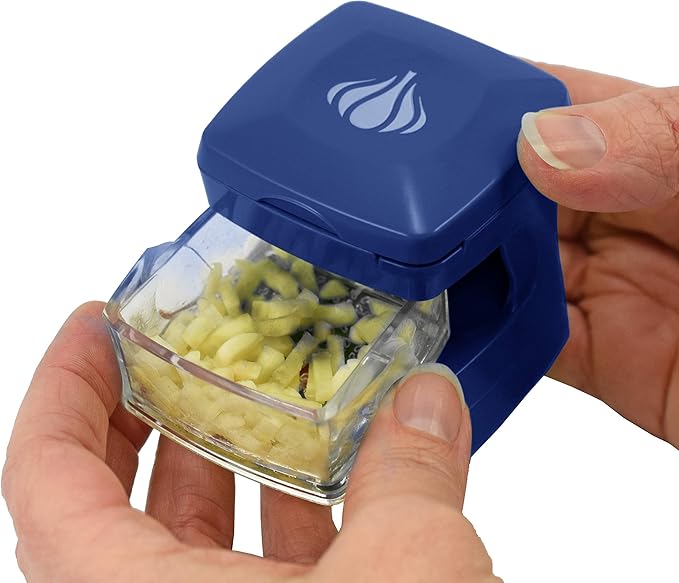 Kitchen Innovations Garlic-A-Peel Garlic Press, Crusher, Cutter, Mincer, and Storage Container - Includes Silicone Garlic Peeler - Easy to Clean - Stainless Steel Blades – (Blue), standard