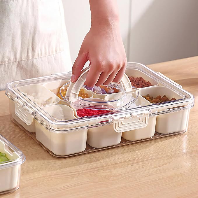MineSign Divided Snackle Box with Handle Food Serving Tray Charcuterie Board with Lid Stackable Fruit&Veggie Container with 8 Small with Removable Boxes for Travel Snack Candy Nuts Spice