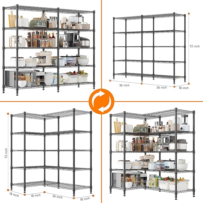 Homdox Heavy Duty Metal Shelves for Storage, 5 Tier Storage Racks and Shelving, Adjustable Wire Shelving Unit, Garage Rack Pantry Shelves Kitchen Shelving, 18"x72"x72", Black