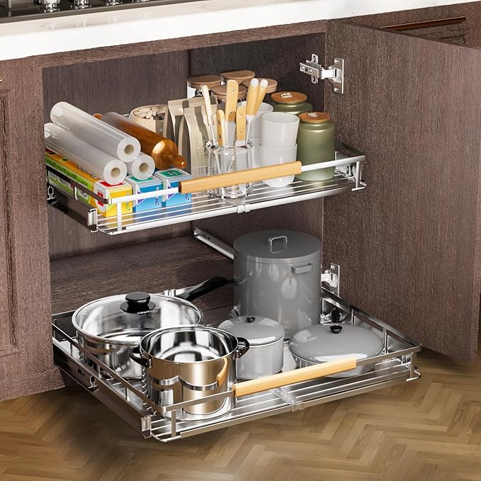 taiheis 1 Pack Expandable Pull Out Cabinet Organizer，Side Mounting 12.3~18.5"x22.5"Cabinet Pull Out Shelves, Expandable Slide Out Spice Rack for Kitchen Bathroom Office