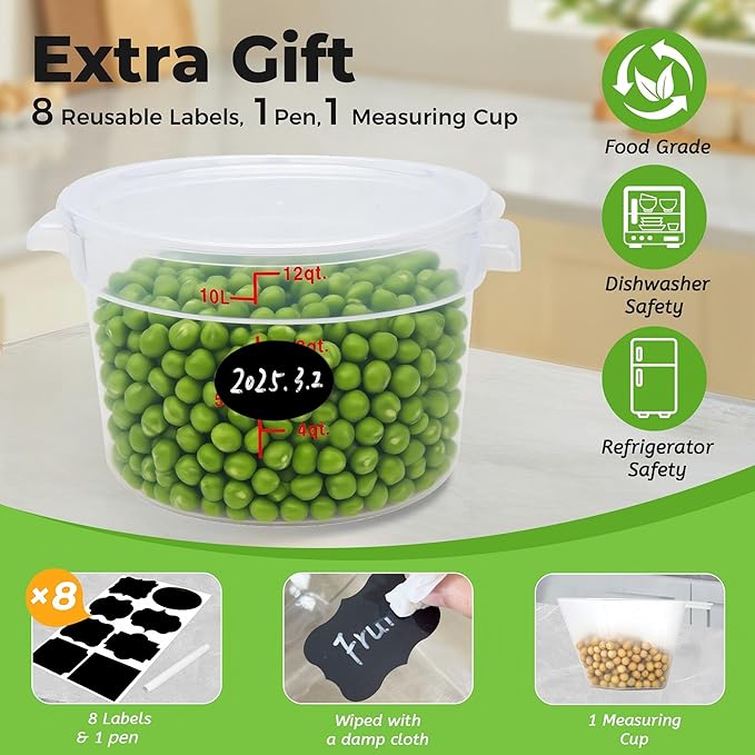 BIEAMA 4 Pack Round Food Storage Containers with Lids, 12Qt Translucent Commercial Food Container, Polypropylene, BPA Free, Includes Labels & Measuring Cups