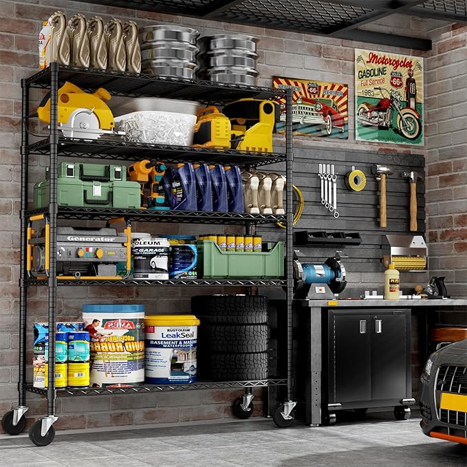 Storage Shelves Heavy Duty with Wheels,48"L x 20"W x 72"H Garage Wire Shelving Unit Loads 2000LBS,5-tier Adjustable Metal Industrial Utility Shelf Rack for Kitchen,Laundry,Pantry,Warehouse,Basement