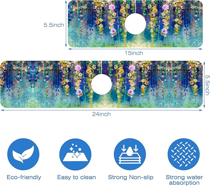 Abstract Watercolor Floral Kitchen Sink Splash Guard Mat Absorbent Fast Drying Mat Faucet Draining Mat Sink Splash Guard Behind Faucet Drip Catcher for Kitchen Bathroom 5.5"×24"