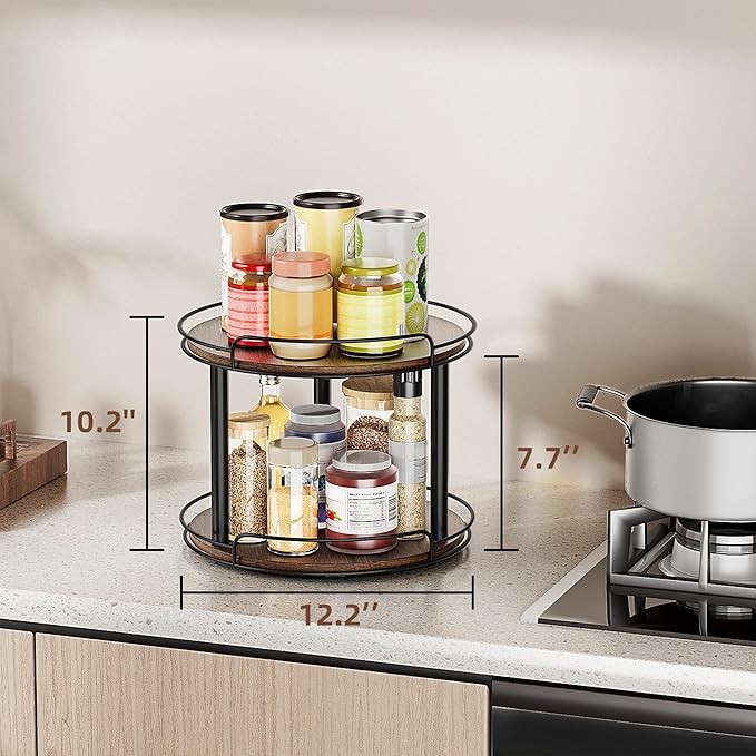 LAMU 12.2'' Wood Lazy Susan Turntable Organizer for Cabinet, 2 Tier Lazy Susan Spice Rack Organizer for Kitchen, Table Top, Countertop, Pantry, Bathroom