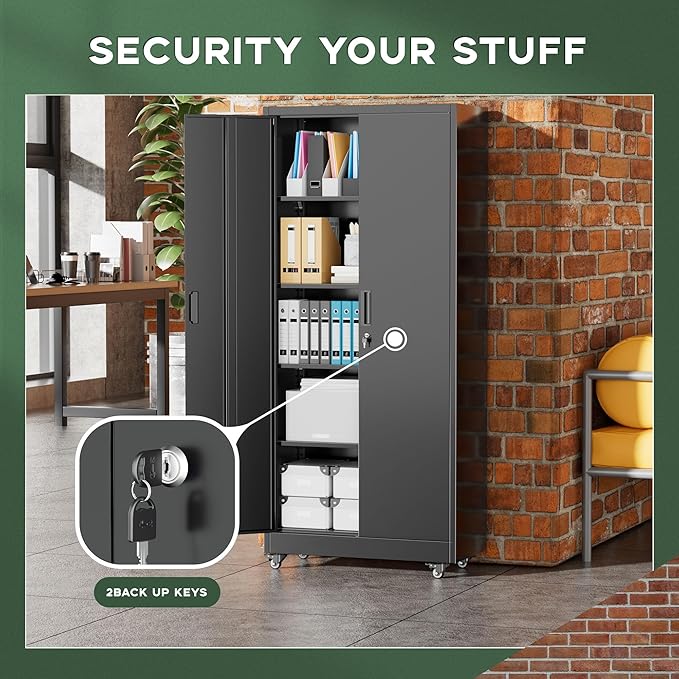 Greenvelly 73" Rolling Storage Cabinet,Black Metal Garage Cabinet with Locking Doors and 4 Adjustable Shelves for Home,Kitchen,Office,Warehouse(32" W x 16" D,Wheels)