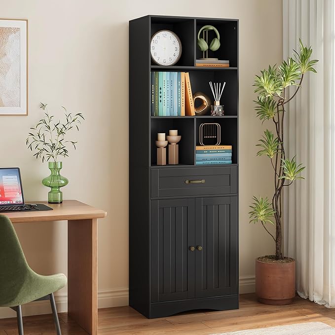 Gizoon 71'' Tall Storage Cabinet, Bathroom Storage Cabinet, Kitchen Pantry with Doors & Drawers, Adjustable Shelves, Anti-tip, Metal Handle, for Bathroom, Living Room, Office, Kitchen, with Black