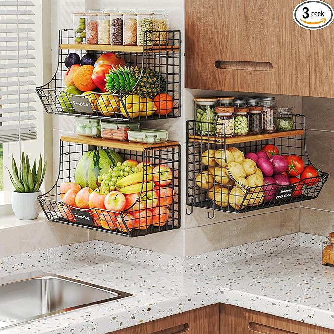 Extra Large Fruit Basket for Kitchen with Wood Lid Nameplate - Counter&Wall Mounted Onion and Potato Storage Bin, Stackable Metal Hanging Wire Baskets kitchen countertop organizer Pantry 3 Pack