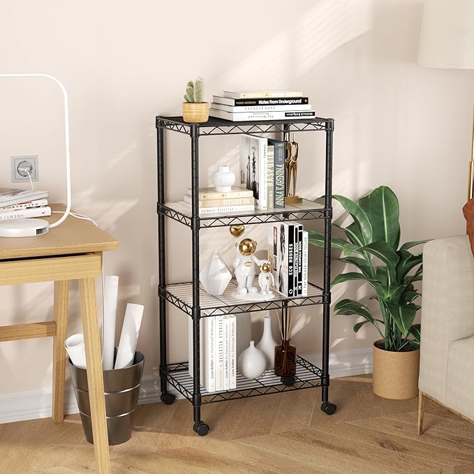 SINGAYE 4 Small Shelves Storage Shelf Wire Shelving Unit Metal Shelf Adjustable Organizers Storage Shelving with Wheels for Bathroom Laundry Room Kitchen Pantry11.5”D x 17.5”W x 30.5”H Black