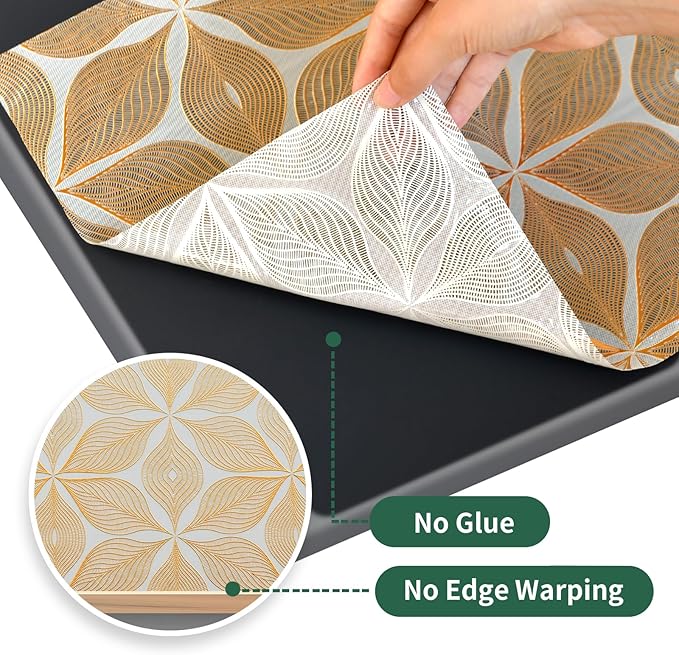 3D Drawer and Shelf Liner for Kitchen Cabinet: 17 in X 30 Ft Waterproof Shelf Paper Non Adhesive Refrigerator Liners Golden Leaf Easy Liners for Bathroom with Knife Tape Measure