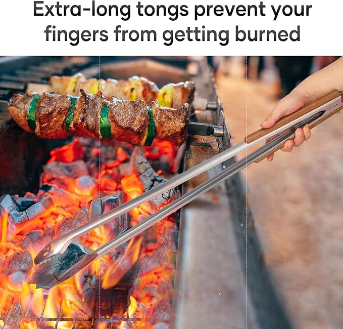 XUDAKAIXIN 25-Inch Very Long Stainless Steel BBQ Tongs with Extended Luxurious Acacia Handle – Durable and Easy-to-Clean Grilling Tool for Cooking, Kitchen Use, and Outdoor Barbecues