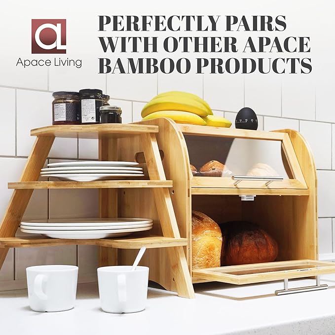 Arise Stylish Bamboo Bread Box for Kitchen Countertop, Extra Large 2-Shelf Wooden Bread Storage Container with Clear Windows and Air Vents Keep Bread, Bagels and Rolls Fresh, Self Assembly