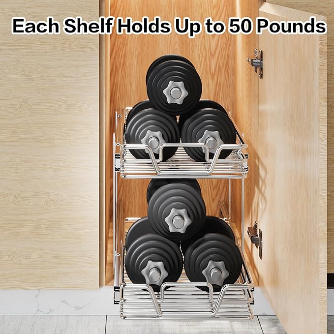 QUYUWU 2-Tier Kitchen Cabinet,Pull Out Cabinet Organizer,Shelf and Drawer Organizer Slide Out Pantry Storaqe Basket in Multiple Sizes (12" W x21 D)