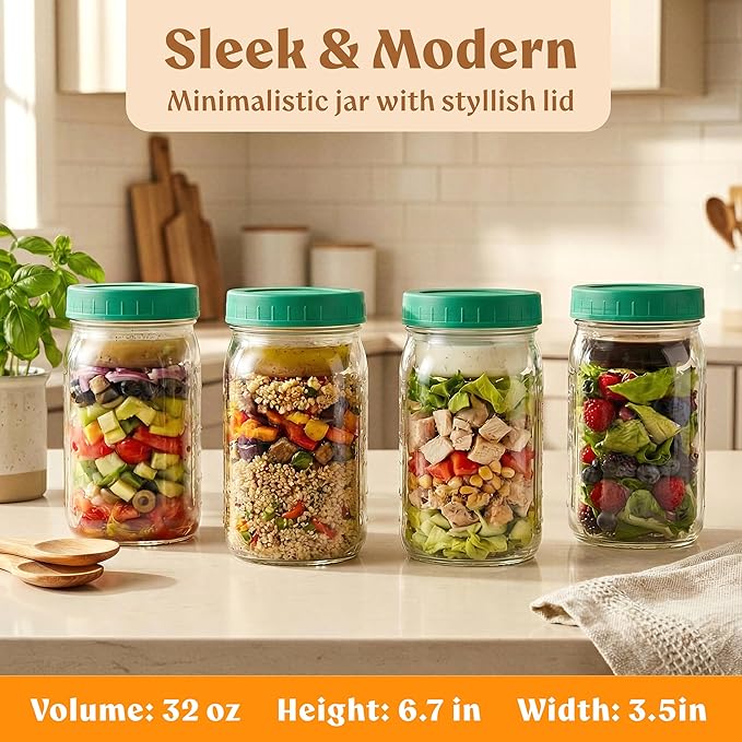 4 Pack Glass Salad Jars with Lids for Meal Prep, Leakproof Container with Two Small Built in Cups for Wet/Dry Separation for Salad Dressing and Ingredients, 32oz Mason Jars (Dark Green)