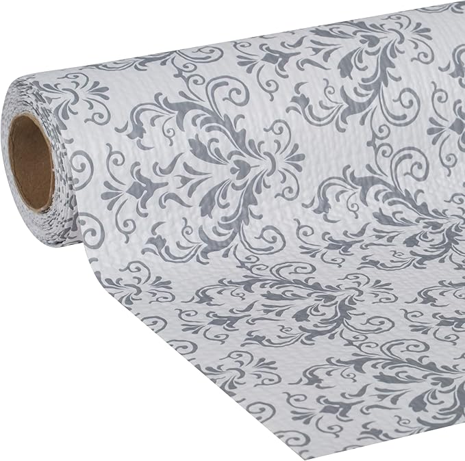 Smooth Top EasyLiner for Cabinets & Drawers - Easy to Install & Cut to Fit - Shelf Paper & Drawer Liner Non Adhesive - Non Slip Shelf Liner - 20in. x 6ft. - 6 Roll Project Pack - Gray Damask