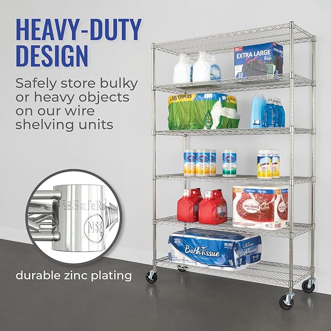 SafeRacks - NSF Certified Storage Shelves, Zinc, Heavy Duty Steel Wire Unit with Wheels and Adjustable Feet, Garage or Bakers Rack, Kitchen, Pantry Shelf - (18"x48"x72" 6-Tier) (Silver)