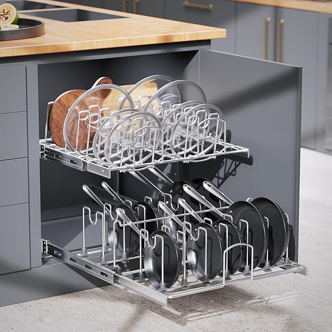 2-Tier Kitchen Pull out Cabinet Organizer for Pots, Pans, and Lid Cookware, Adjustable Heavy Duty Wire Pan and Pot Rack, Full-Extension Rail 21" W *22" D