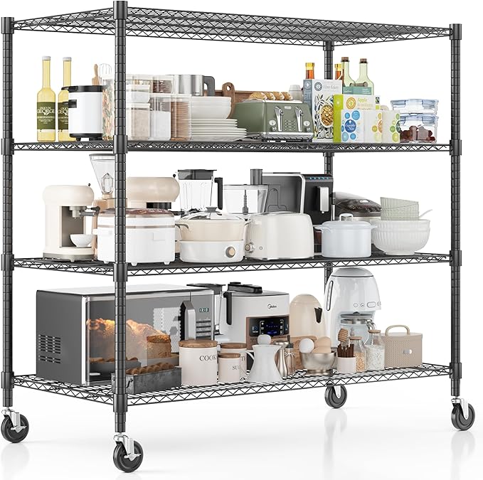 Homdox Heavy Duty Metal Shelves for Storage, 4 Tier Storage Racks and Shelving, Commercial Adjustable Wire Shelving Unit on Wheels, Garage Rack Pantry Shelves Kitchen Shelving, 24"x60"x72", Black
