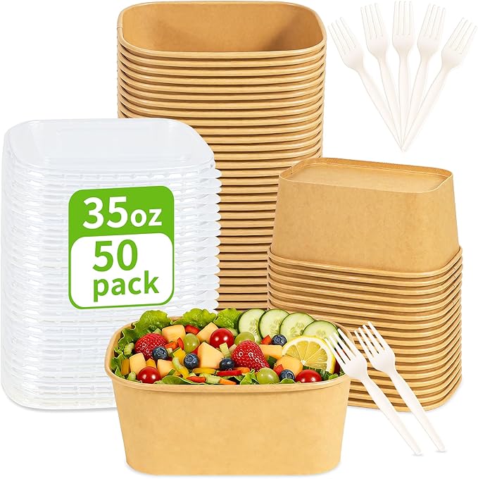 FEHHTO 50-Pack 35oz Meal Prep Containers Disposable Kraft Paper Bowls with Lids & Compostable Cornstarch Forks, Extra Large Heavy Duty Food Containers, Microwave & Freezer Safe for Hot & Cold Foods