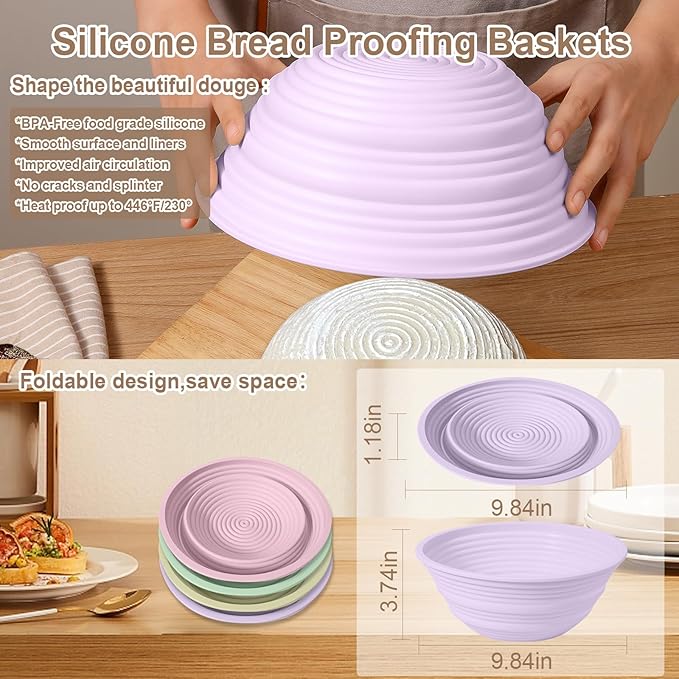 Ycgcp 4Pcs Silicone Banneton Bread Proofing Baskets, 9" Collapsible Sourdough Bread Baking Supplies Non-Stick Round Dough Proofing Bowl Containers Oven Safe for Various Tastes Bread Making-BPA Free