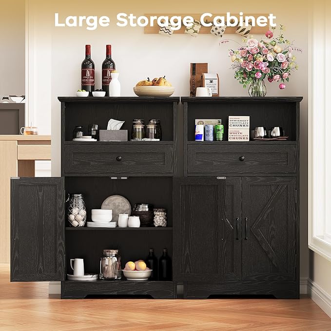 Viroformo Floor Cabinet, Farmhouse Storage Cabinet with Barn Doors and Drawer, 11.81" D x 23.62" W x 39.37" H Black Freestanding Adjustable Shelf Organizer for Bathroom, Kitchen, Living Room