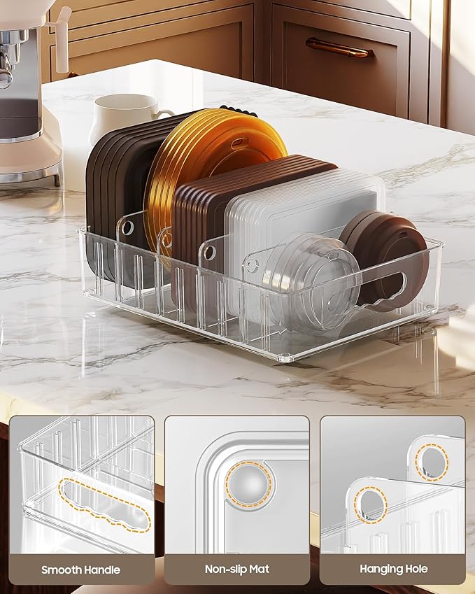 LYNG Lid Organizers Inside Cabinet, Clear Plastic Storage Lid Organizer With 4 Adjustable Dividers, Food Container Lid Organizer For Kitchen Pantry Grey