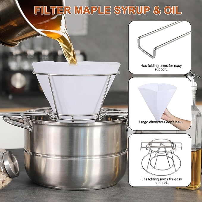 Maple Syrup Cone Filter Holder Stand, Stainless Steel Filter Strainer with 20pcs Cone Filter Paper & Folding Arms for Maple Syrup Making and Filtration of Cooking Oil, Kitchen, Food Truck, Restaurant