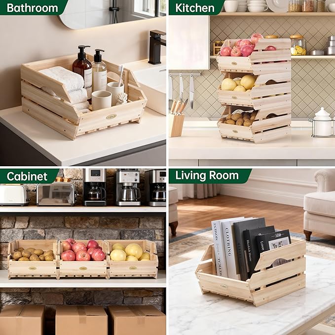Wood Potato Onion Storage Bins - Wooden Stackable Produce Basket - Fruit Vegetable Storage for Kitchen Pantry Organization, Set 3 Pieces