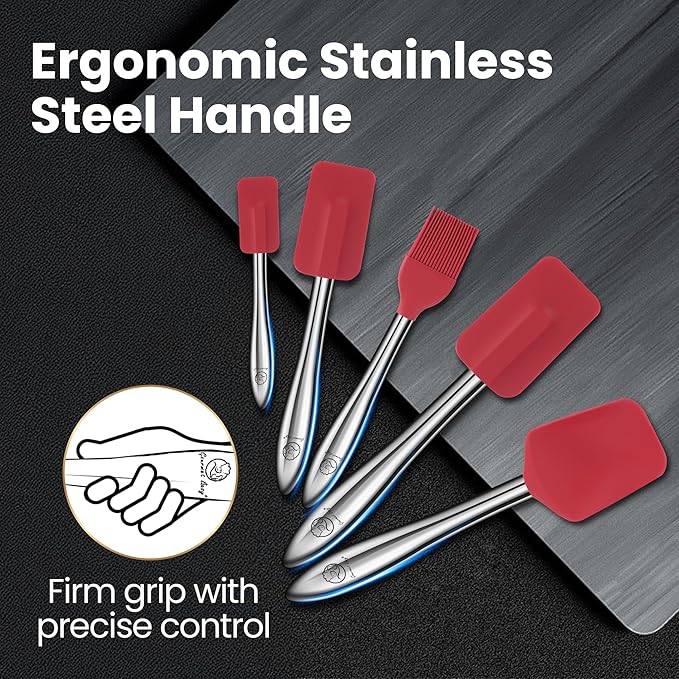 5pcs Silicone Spatula Cooking Utensils Set with Stainless Steel Handles, Premium Heat-Resistant Kitchen Utensils for Baking, Spoonula & Silicone Brush Included, Safe for Nonstick Cookware (Red)