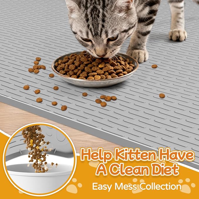 Lanstics Cat Food Mat, 50" x35" Large Silicone Mat Cat Feeding Mat with Raised Edge Non-Slip Pet Feeding Mat for Food and Water Bowl, Easy to Clean, Floor Protection (Gray)