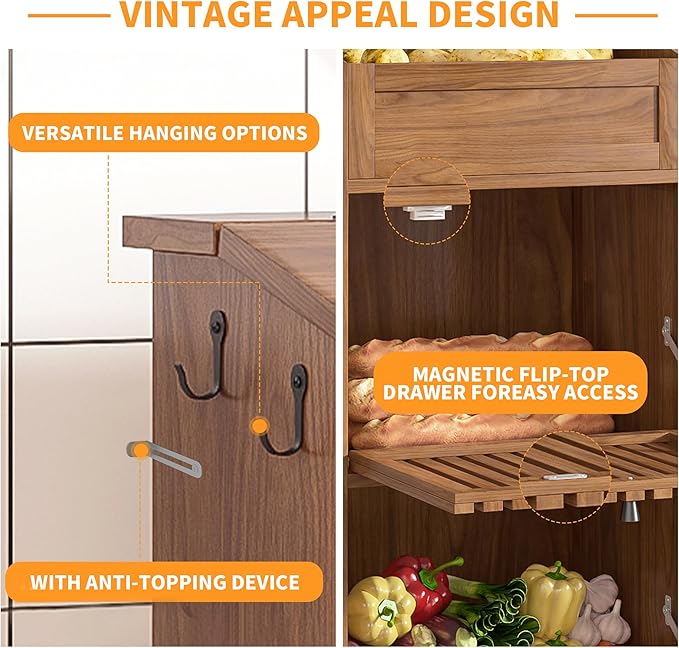 Potato and Onion Storage Bins Box, Mid Century Modern Fruit and Vegetable Storage, Small Food Kitchen Pantry Cabinet for Snack, Wooden Bread Storage for Homemade Bread, Farmhouse, Magnetic Flip-top