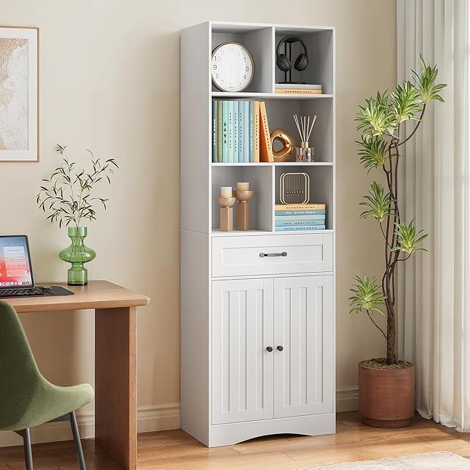 Gizoon Storage Cabinet, 71'' H Bathroom Storage Cabinet with Doors & Drawers, Kitchen Pantry with Adjustable Shelves, Anti-tip, Metal Handle, for Living Room, Office, Bathroom, White