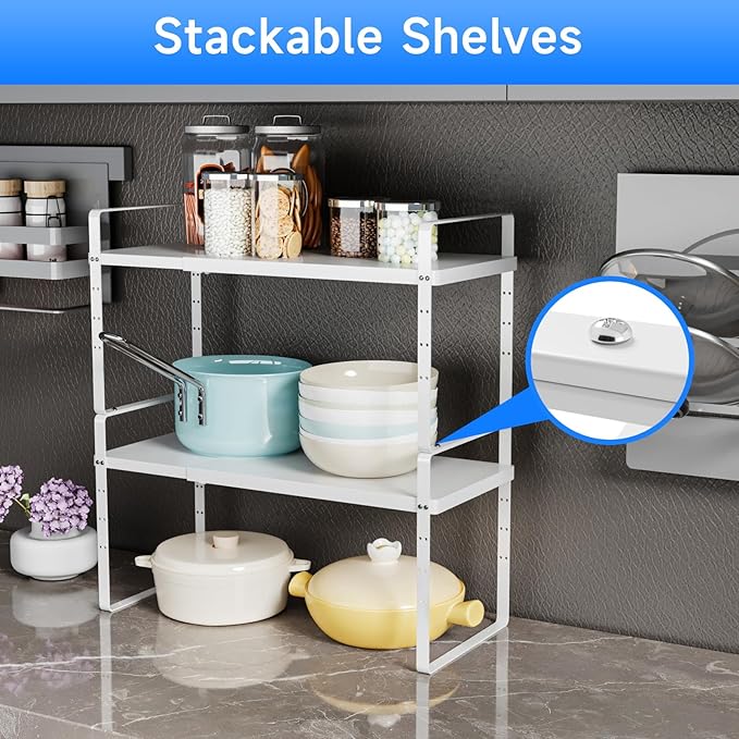 KIKIBRO Expandable Cabinet Shelf Organizer, Stackable Kitchen Pantry Counter Storage, Adjustable Closet Cupboard Stand Rack Risers Spice Organization 80LBS Heavy Duty White 3 Pack