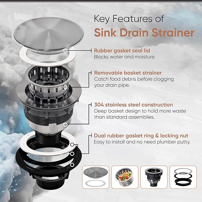 Strictly Sinks Sink Drain Strainer with Removable Basket - 3-1/2 Inch Stainless Steel Round Kitchen Sink Drain Assembly Kit with Deep Strainer Basket & Flat Cover Lid (Silver)