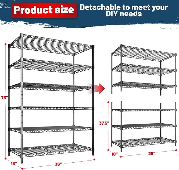 Storage Shelves Metal Shelving Unit 6Tier Wire Shelving Rack 1200LBS Heavy Duty, Adjustable Pantry Shelves, Metal Shelf for Kitchen,Garage Shelving,Closet Shelves,75" Hx 36" Wx 18" D