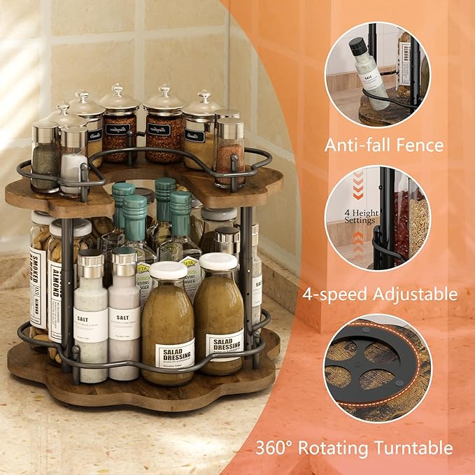 LIAISIMI 2 Tier Lazy Susan Organizer,2-Tier Spinning Spice Rack with Stable Carousel Base & 4 Height Settings for Cupboard Kitchen Countertop Dining Table Cupboard (Petal Shape)
