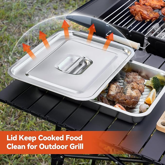 BLAZPATH 5-in-1 Grill Prep Trays and Carry System, Grilling Prep and Serve Trays, Stainless Steel BBQ Meat Marinating Container with Lid and Cutting Board, Large Grilling Meal Carrying Box Accessories