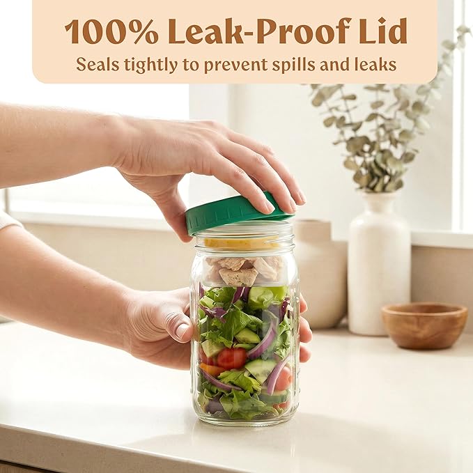 4 Pack Glass Salad Jars with Lids for Meal Prep, Leakproof Container with Two Small Built in Cups for Wet/Dry Separation for Salad Dressing and Ingredients, 32oz Mason Jars (Dark Green)