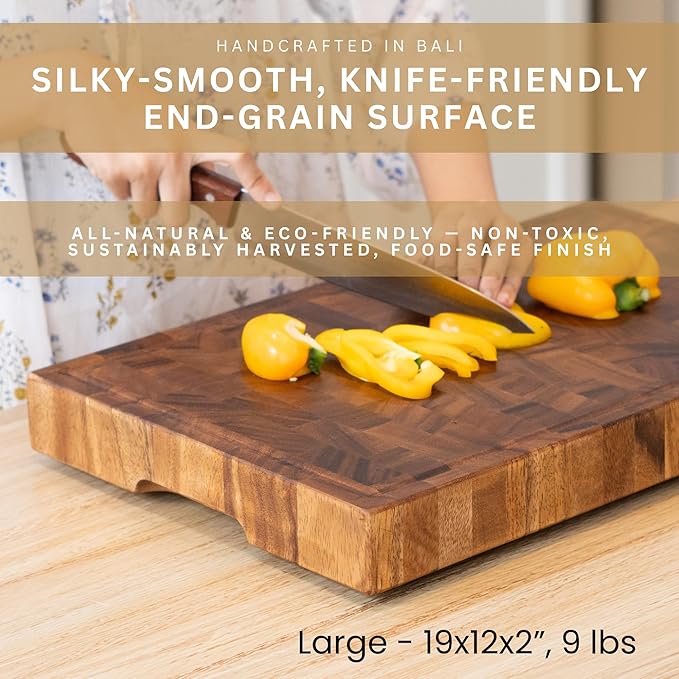 SHUMARU Tropical Walnut End-Grain Wood Cutting Board – 19X12X2" Butcher Block | Handmade in Bali - Silky-Smooth, Juice Groove, Knife‑Friendly, Ergonomic Grips & Non‑Slip Feet