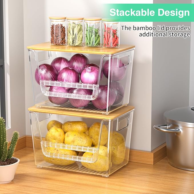 WARRIORS 2 Set Pantry Organizers,Stackable Potato and Onion Storage Bins with Bamboo Lids,Trash Bag Dispenser for 4-13 Gal Bags,kitchen Countertop Organizer for Produce or Snacks