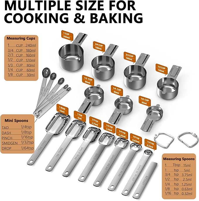 Minteem Stainless Steel Measuring Cups and Spoons Set of 20, 7 Nesting Measuring Cups, 7 Spoons & 1 Leveler, 5 Mini Spoon, Kitchen Gadgets for Cooking & Baking, Square