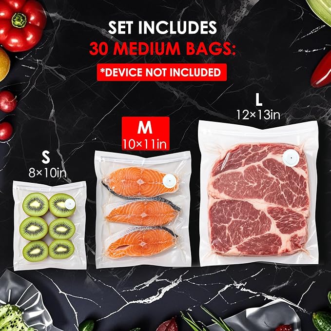 Elxis Reusable Vacuum Sealer Bags for Food – 30 Medium (10 x 11 in) –Odor-Resistant, Leak-Proof-Microwave – Compatible with Elxis Vacuum Sealers